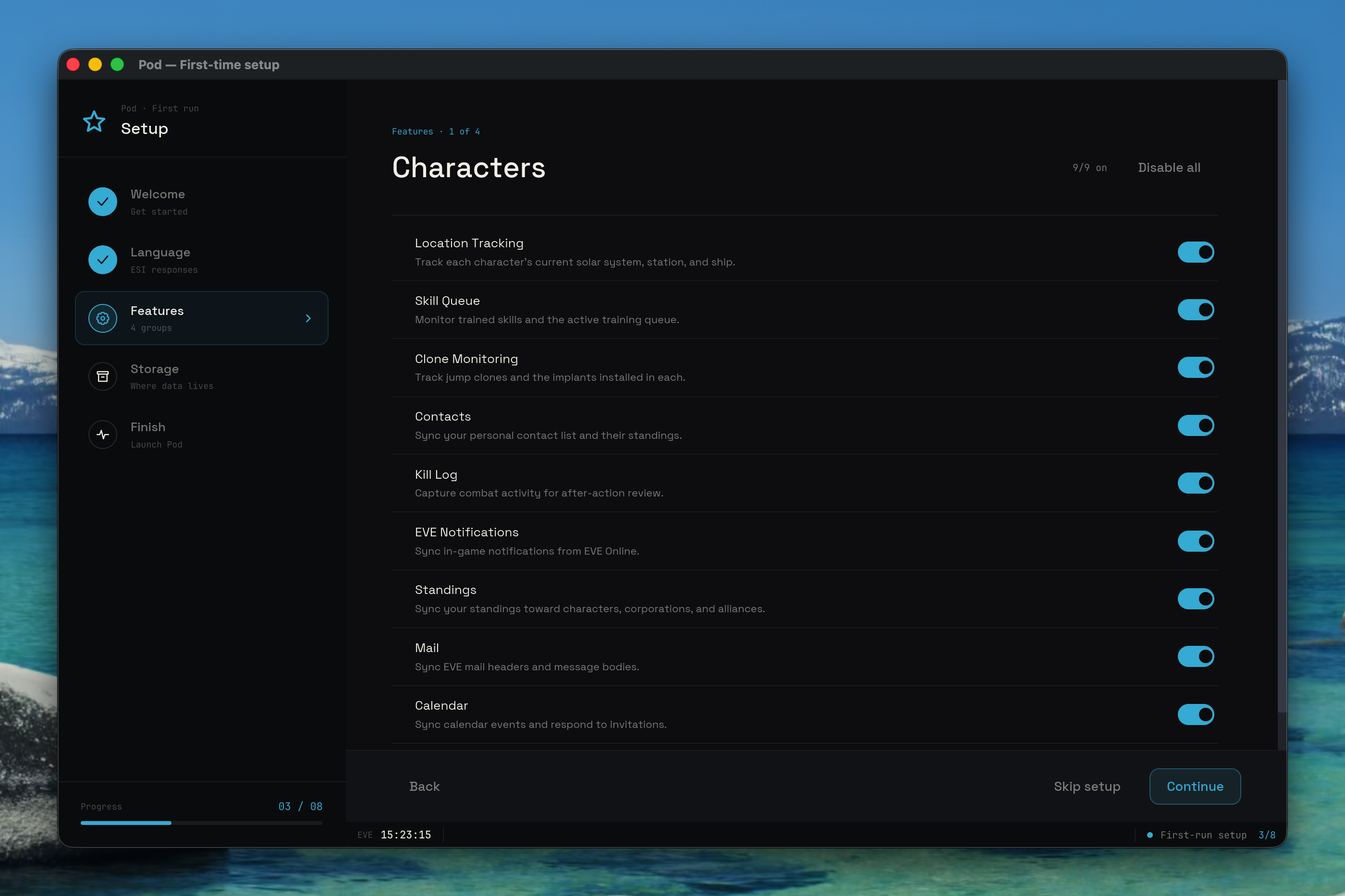 Characters feature group with its toggle rows