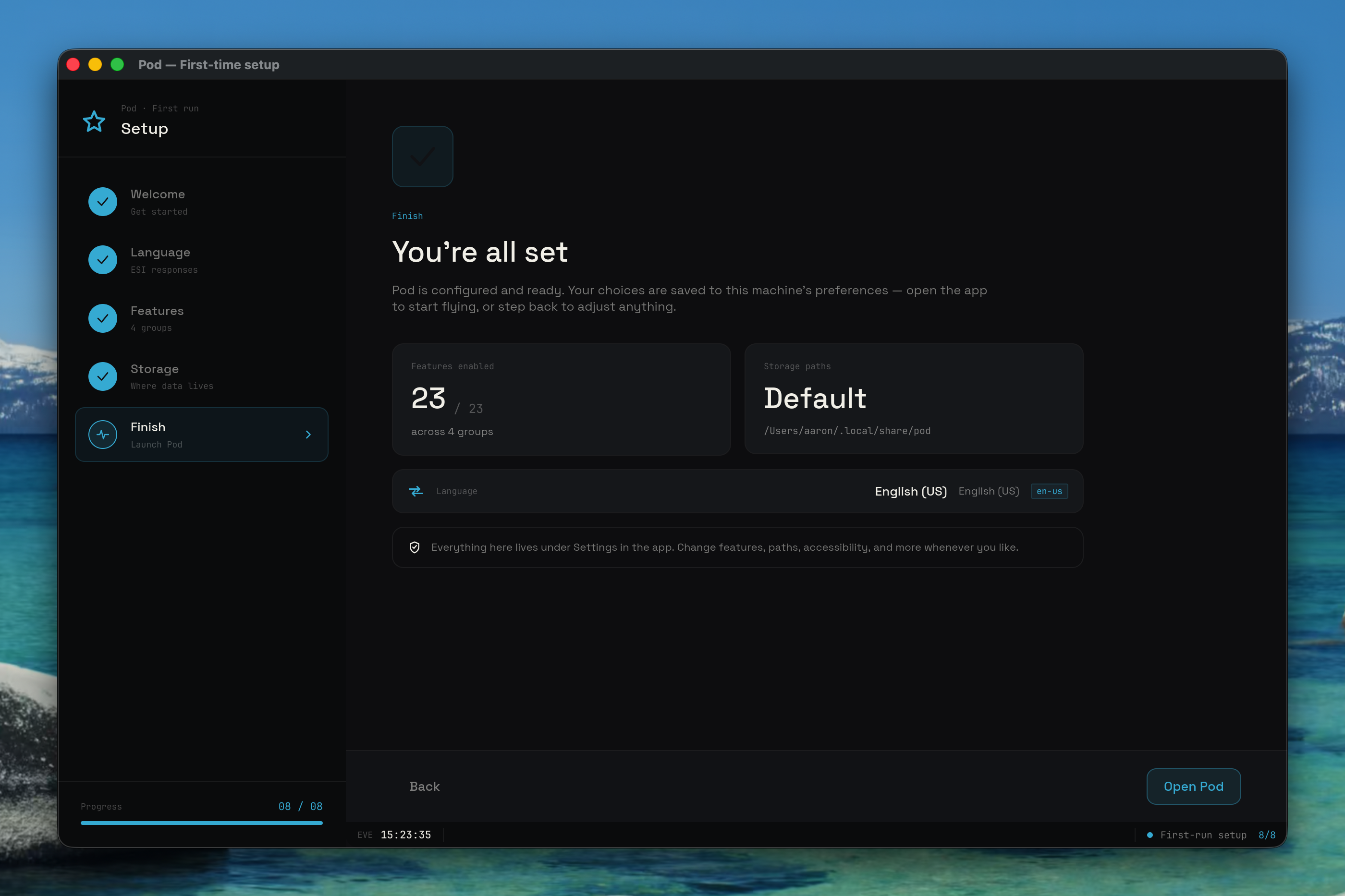 Finish screen summarizing the setup choices before launch