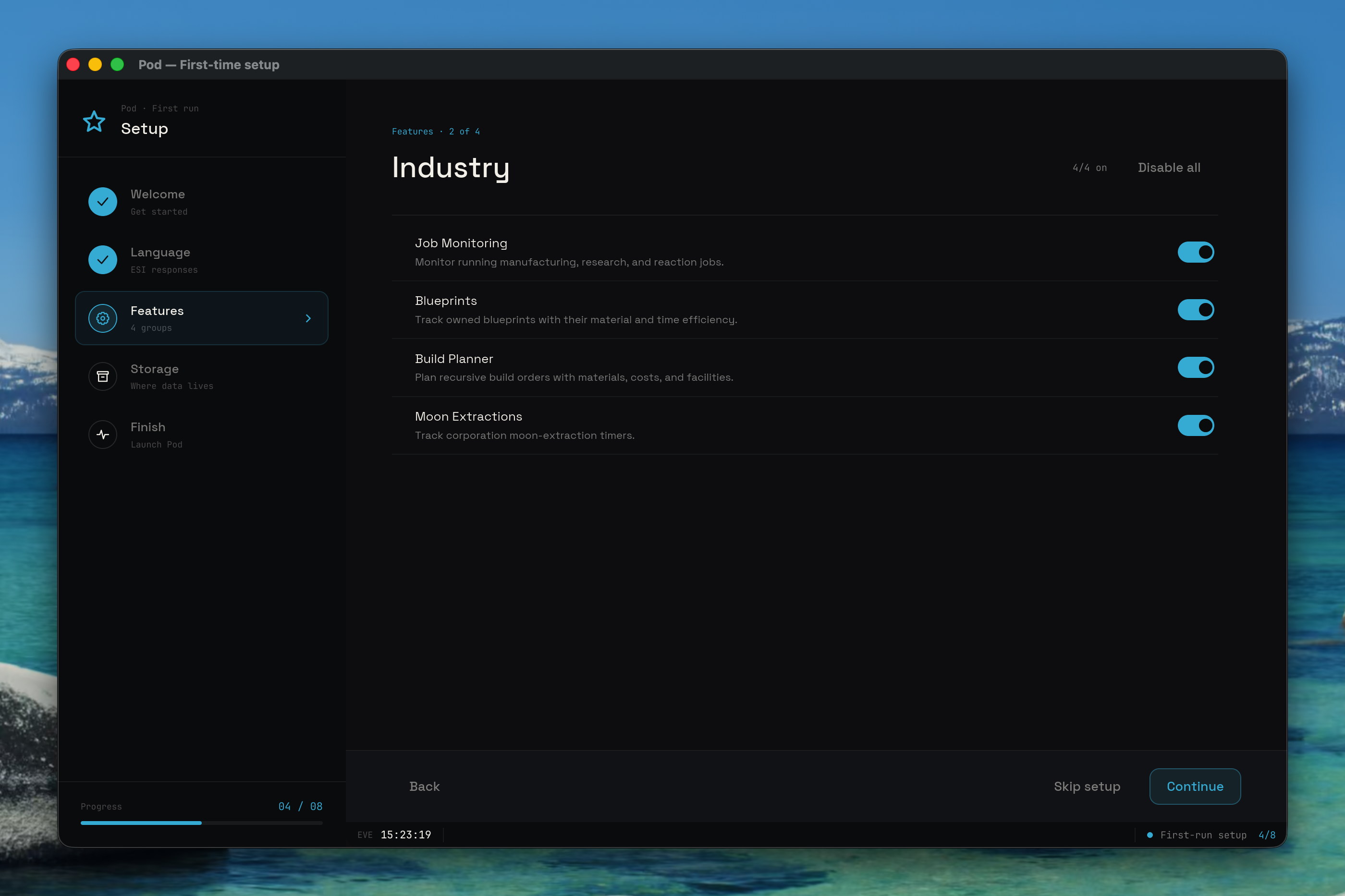 Industry feature group with its toggle rows