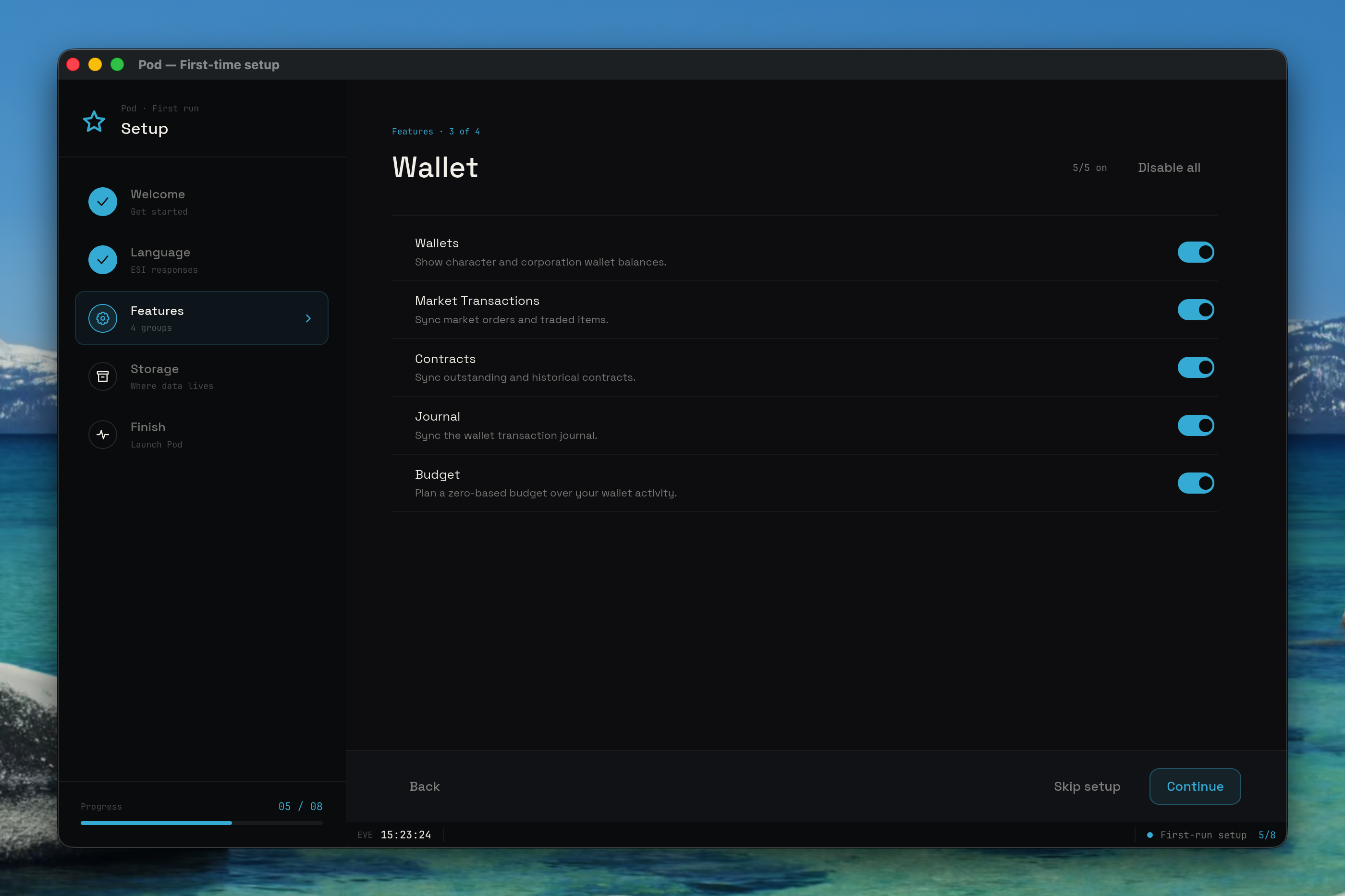 Wallet feature group with its toggle rows