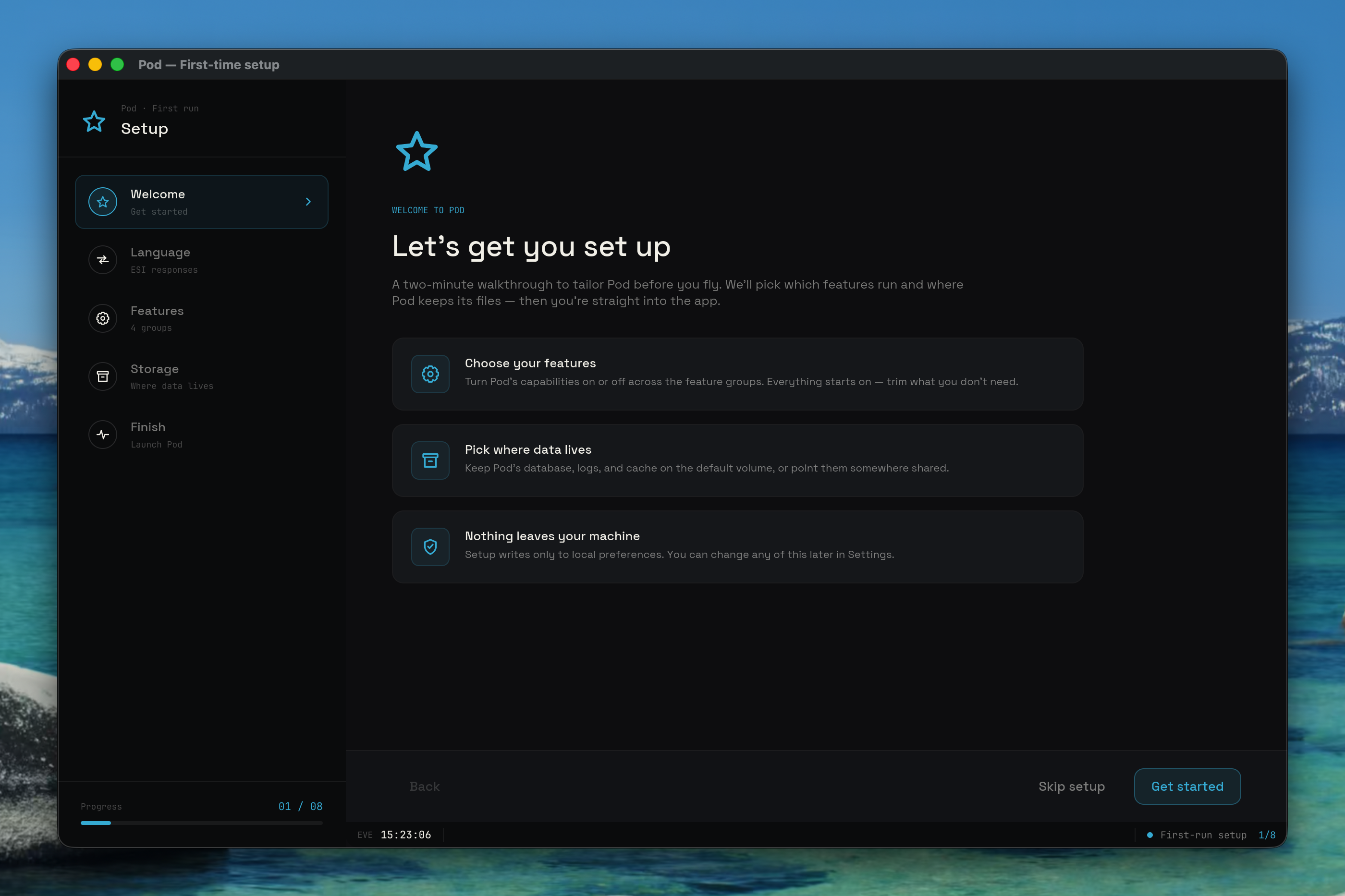 First-run wizard welcome screen with the three setup highlights