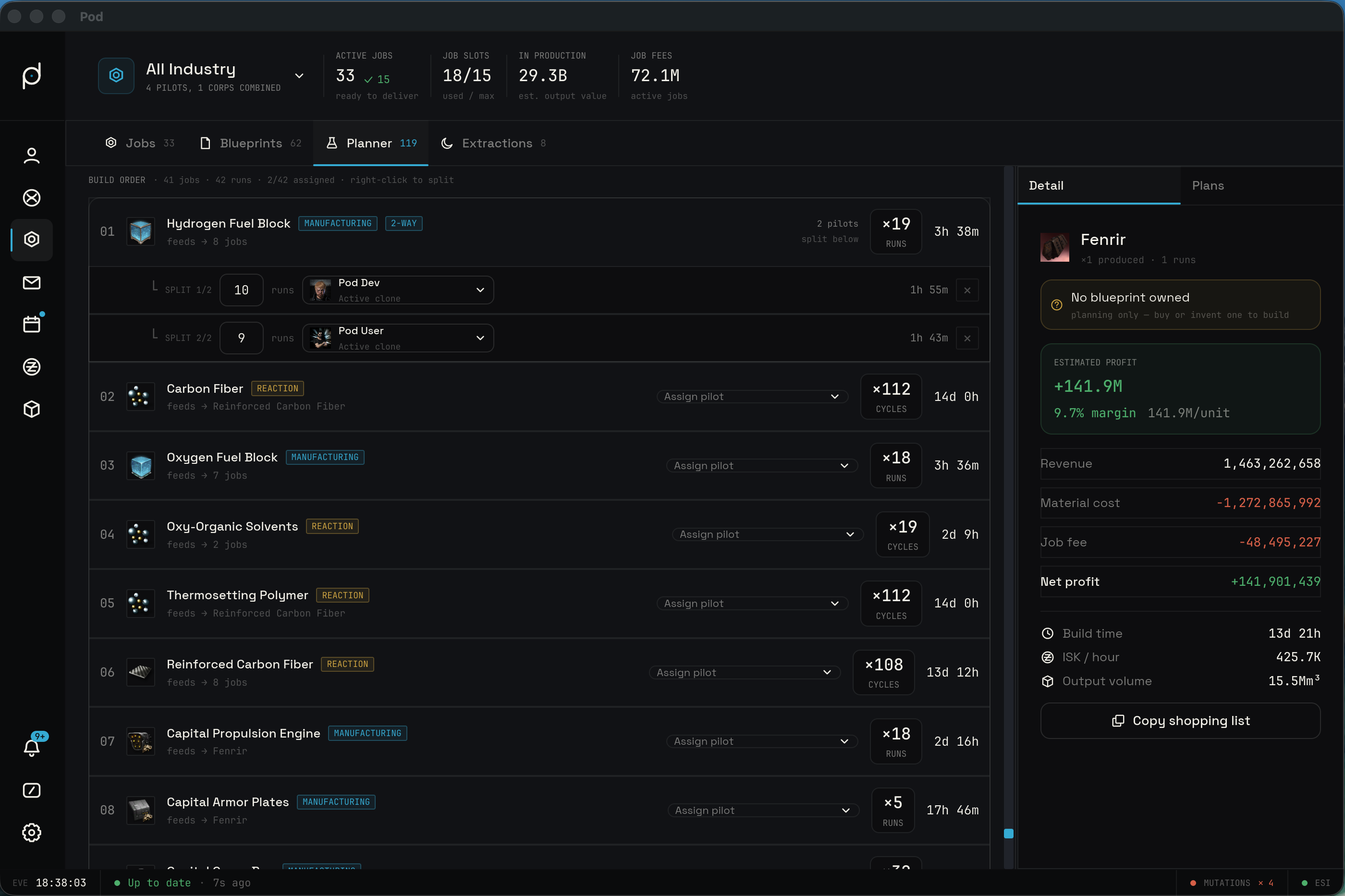 A build-order job split into independent run segments