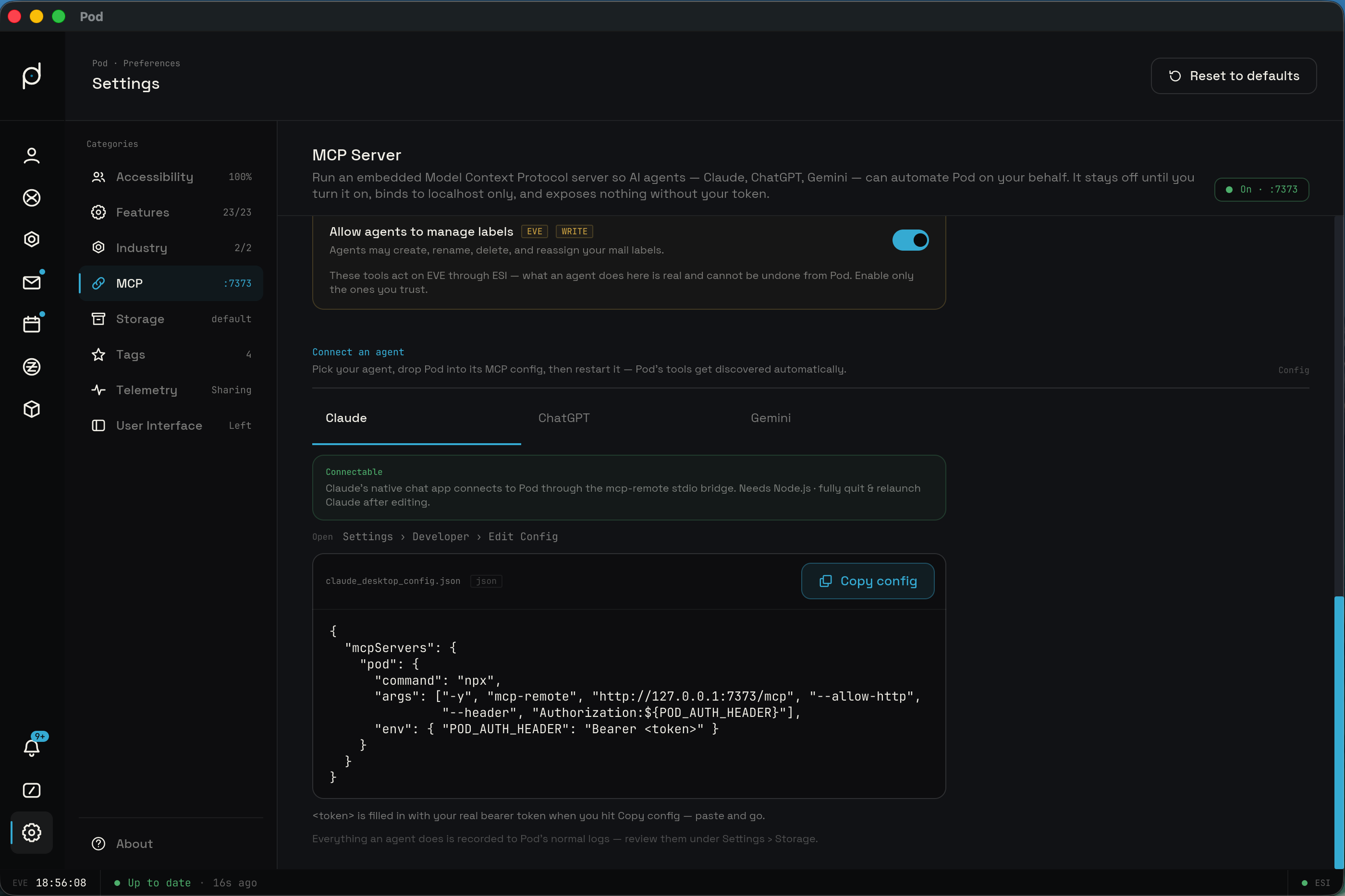 The MCP Server settings tab with the master switch, port, token, and tool permissions