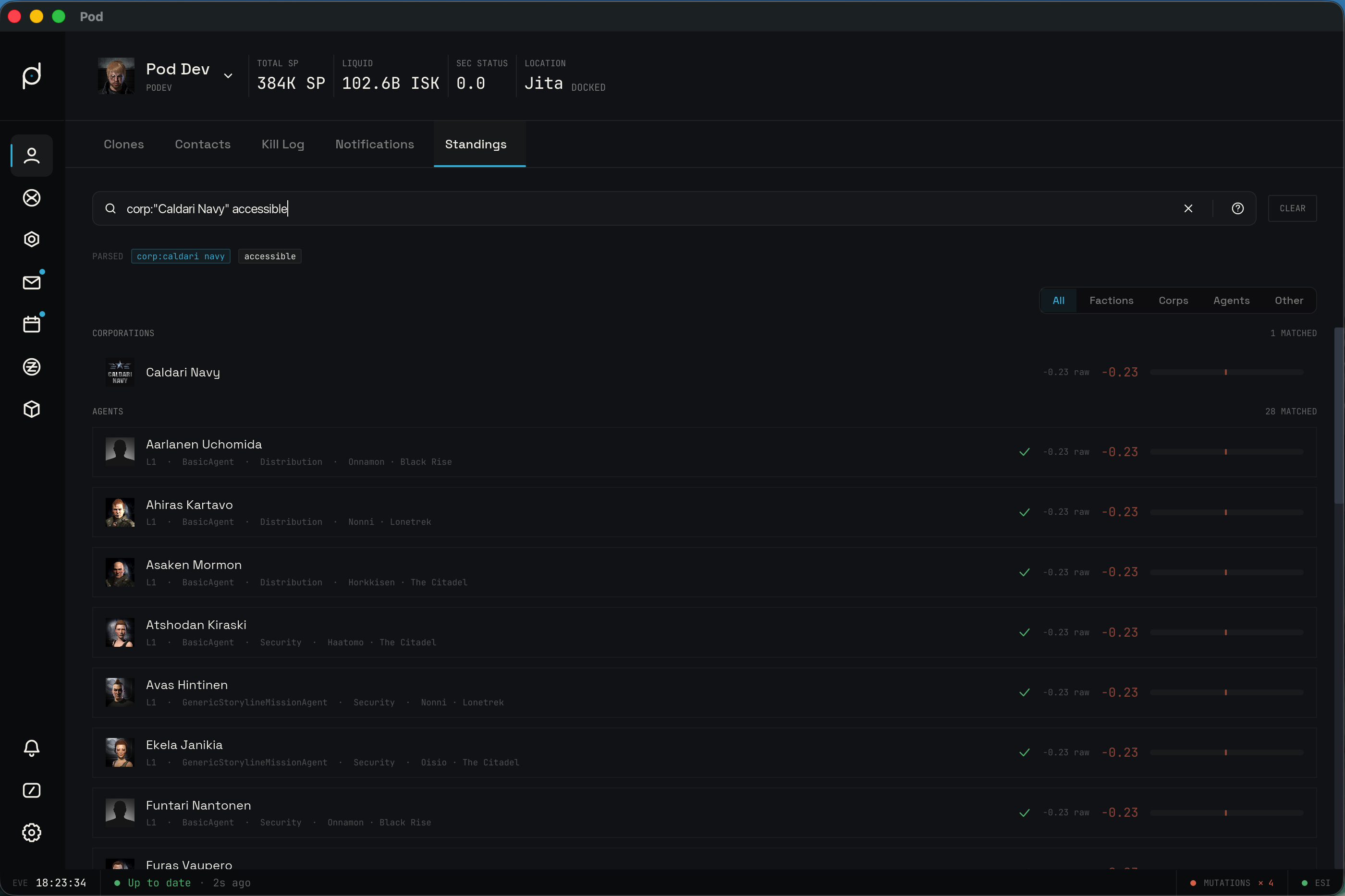 Standings tab