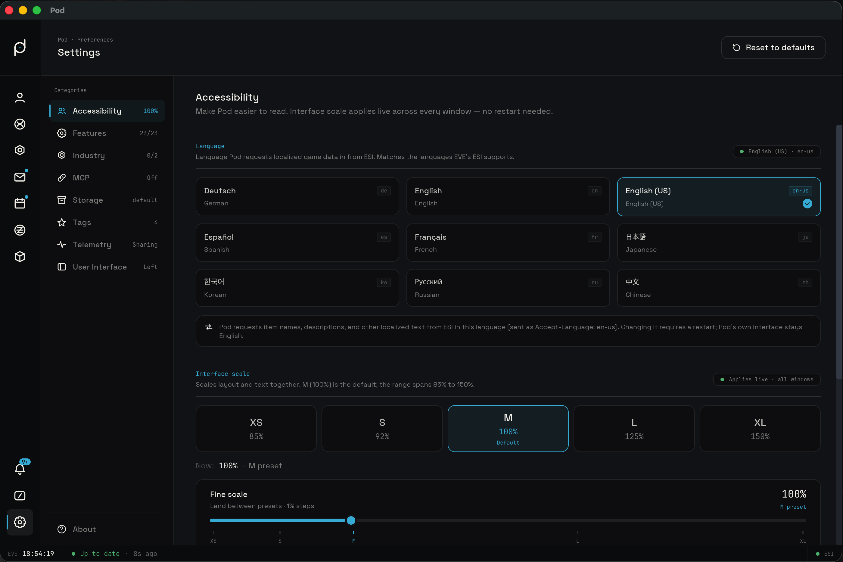 Accessibility tab: language grid, scale presets, high contrast, and preview