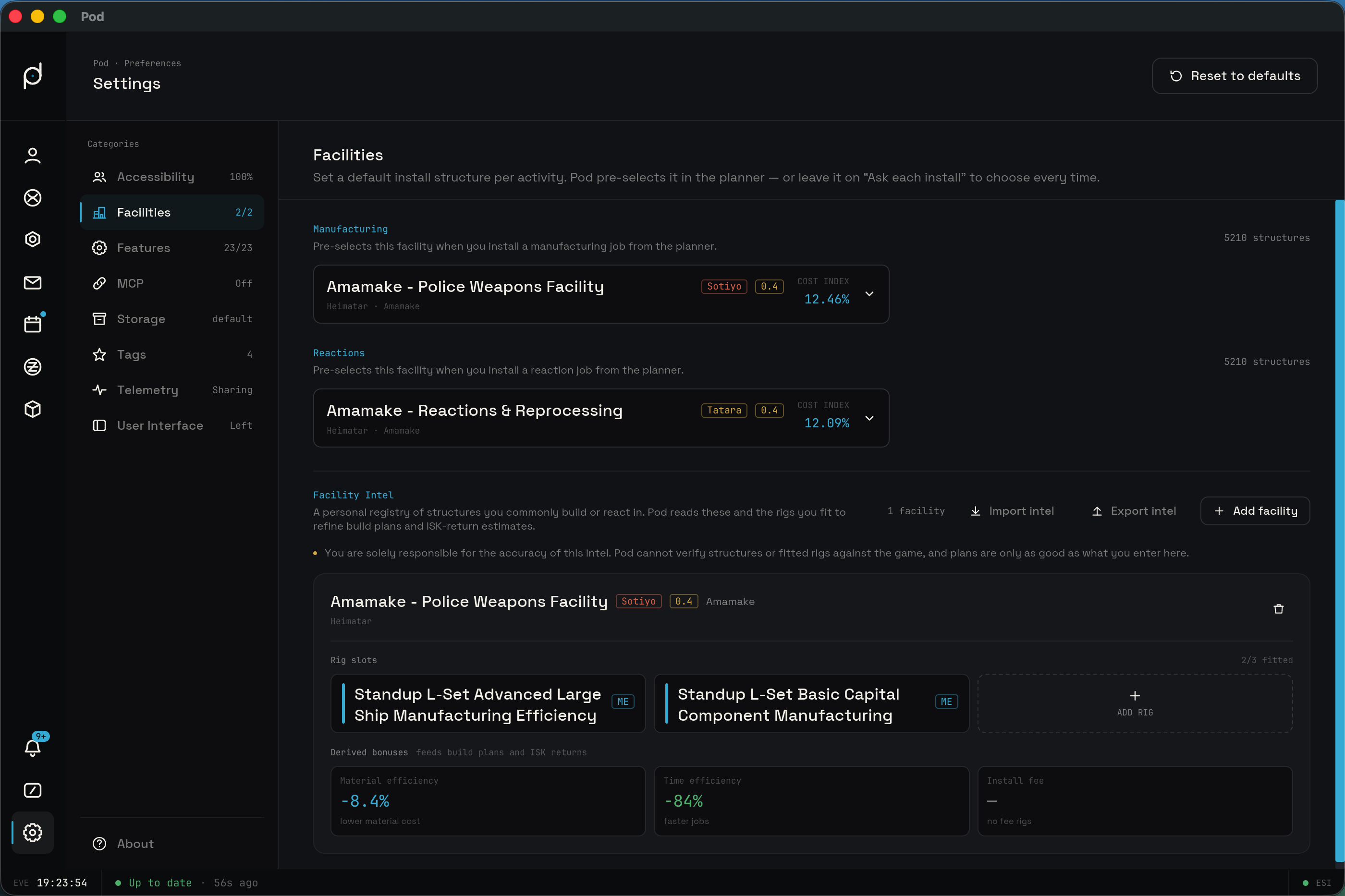 The Facilities tab with default install pickers and a facility card
