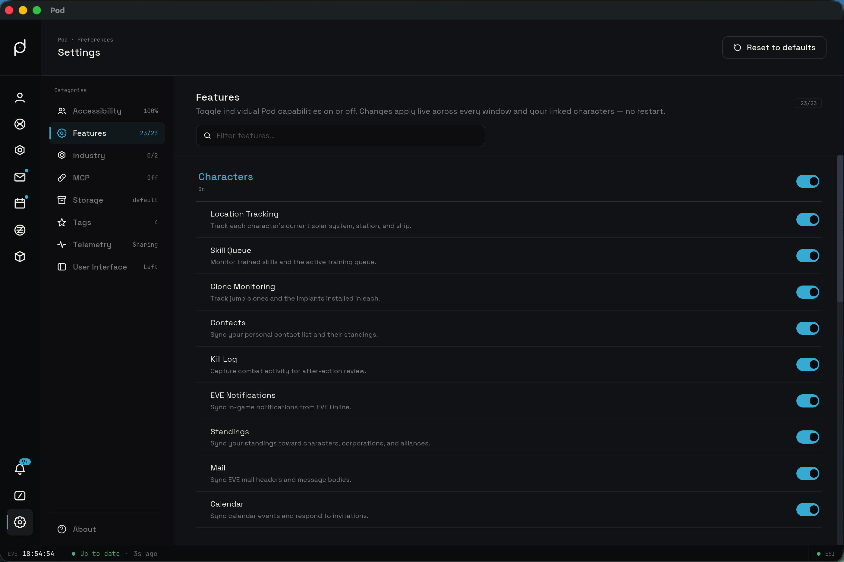 The Features tab with four master groups and their sub-feature toggles