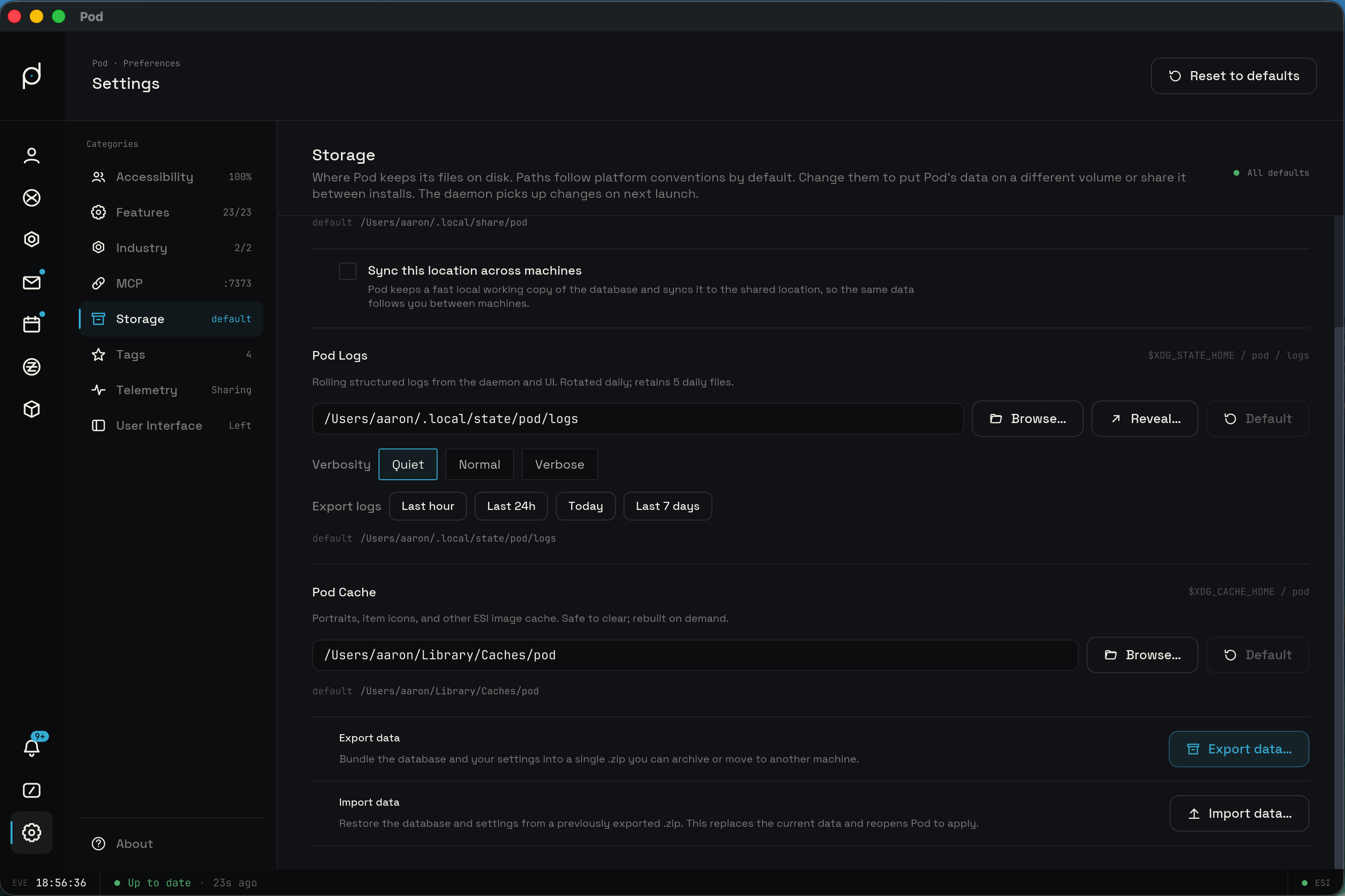Storage tab: three file locations, networked sync, and log export controls