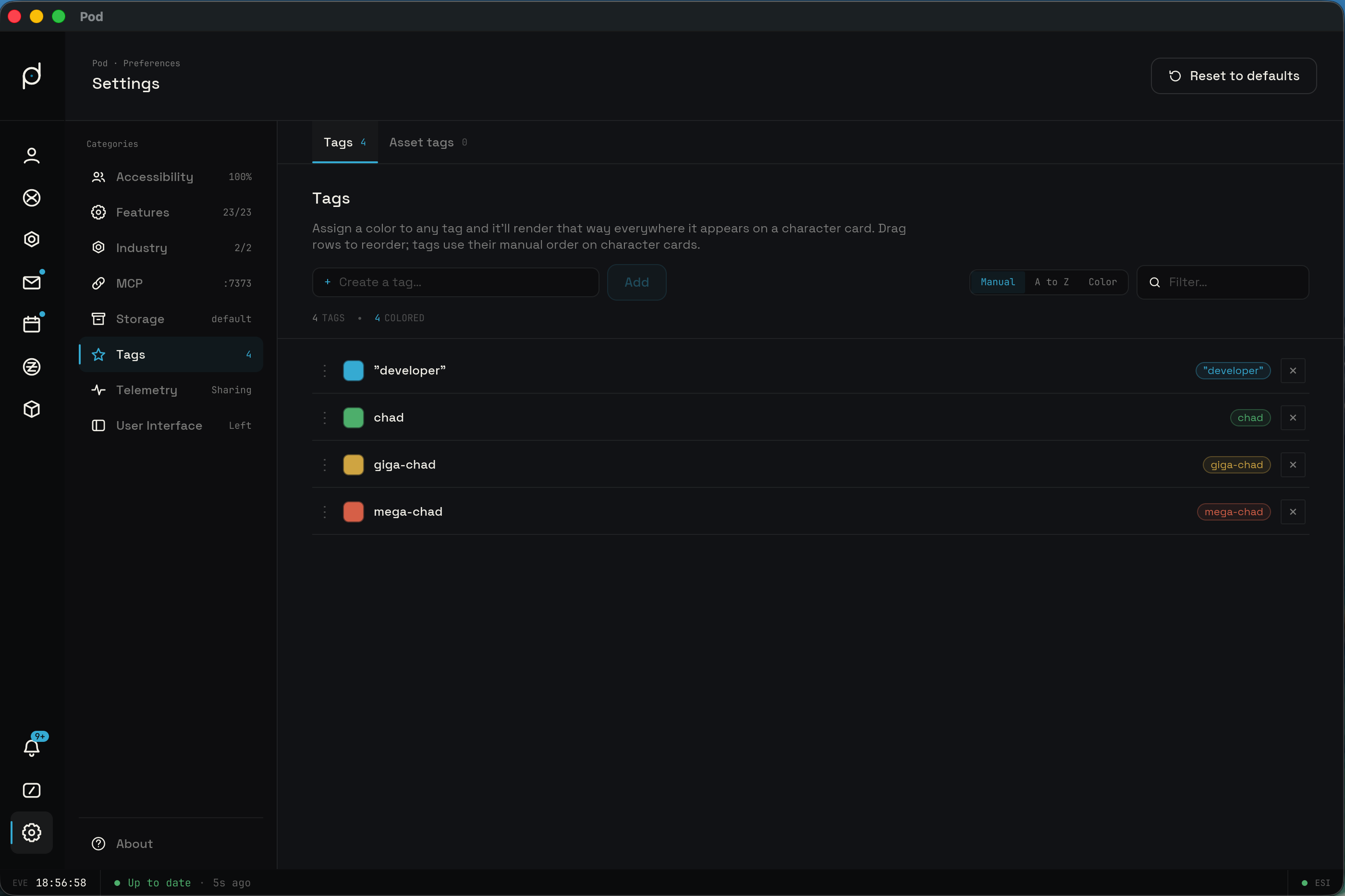 The Tags tab with the tag list, color swatches, and sort controls
