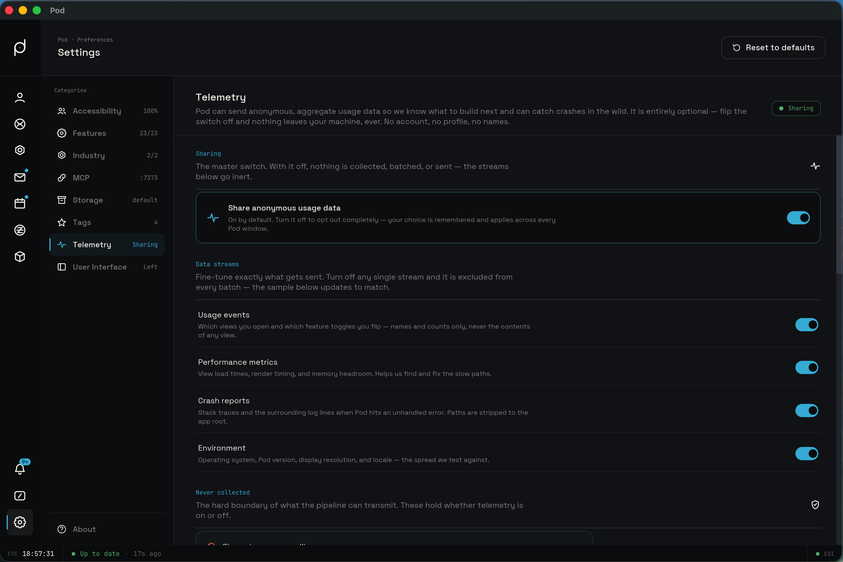The telemetry tab with the master switch, stream toggles, and the live preview
