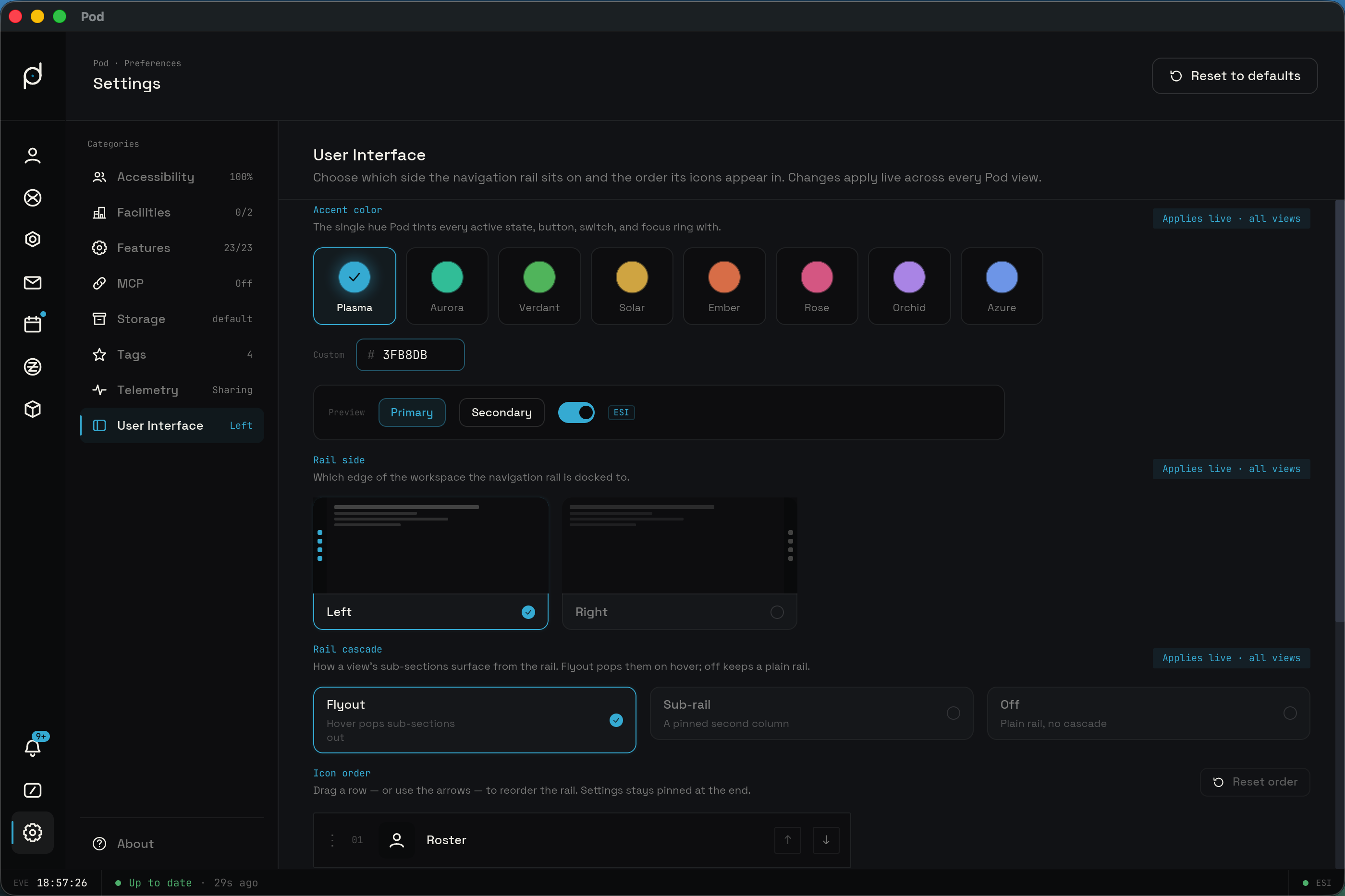 The User Interface tab with the accent picker, rail-side control, and icon order