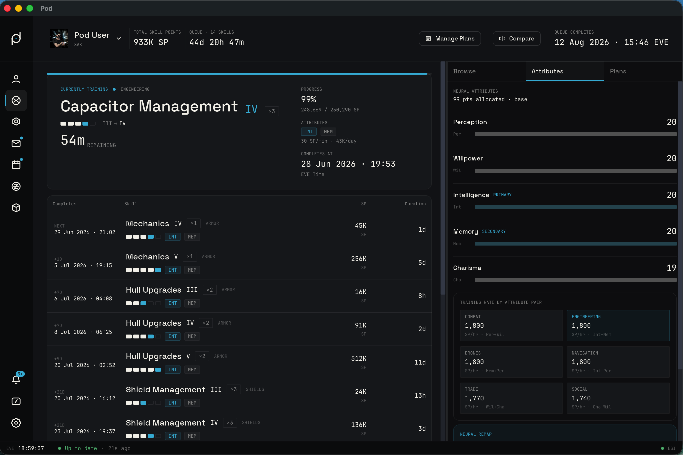 The Attributes tab with neural attributes, the SP-per-hour matrix, and remaps