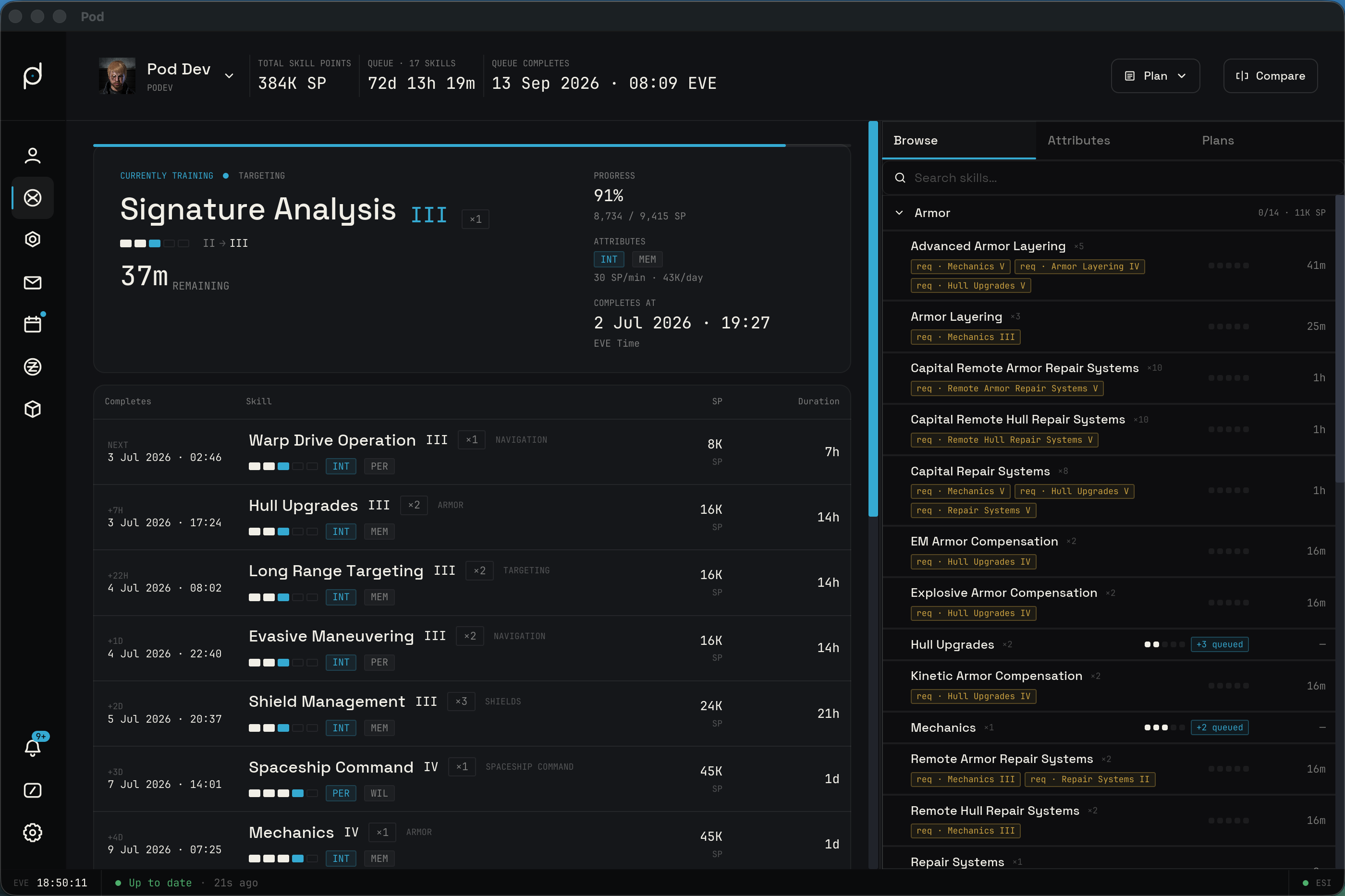 The Skills three-pane layout with the training hero, queue, and right panel