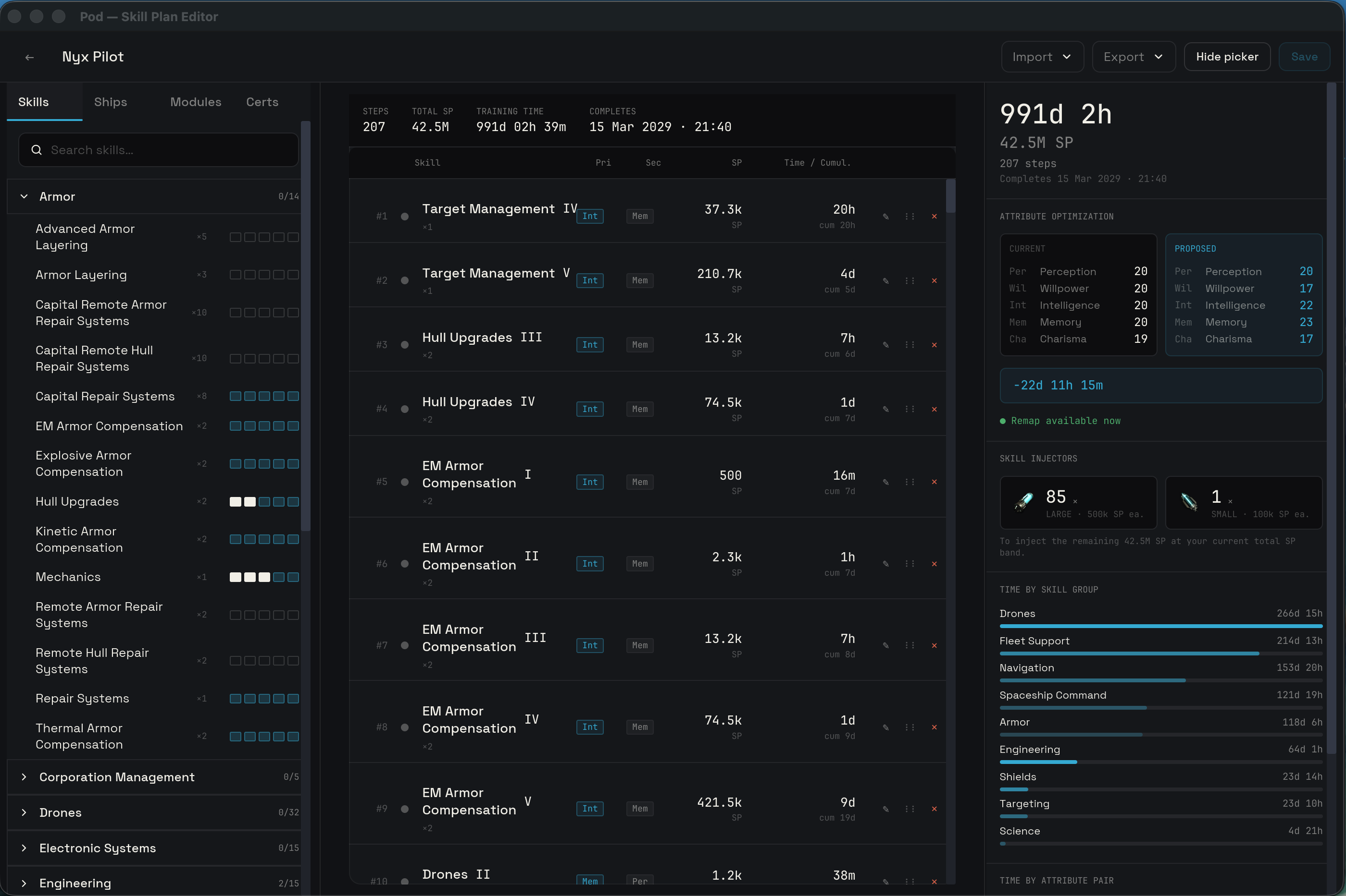 The plan editor with the skill picker, entry list, and summary panel