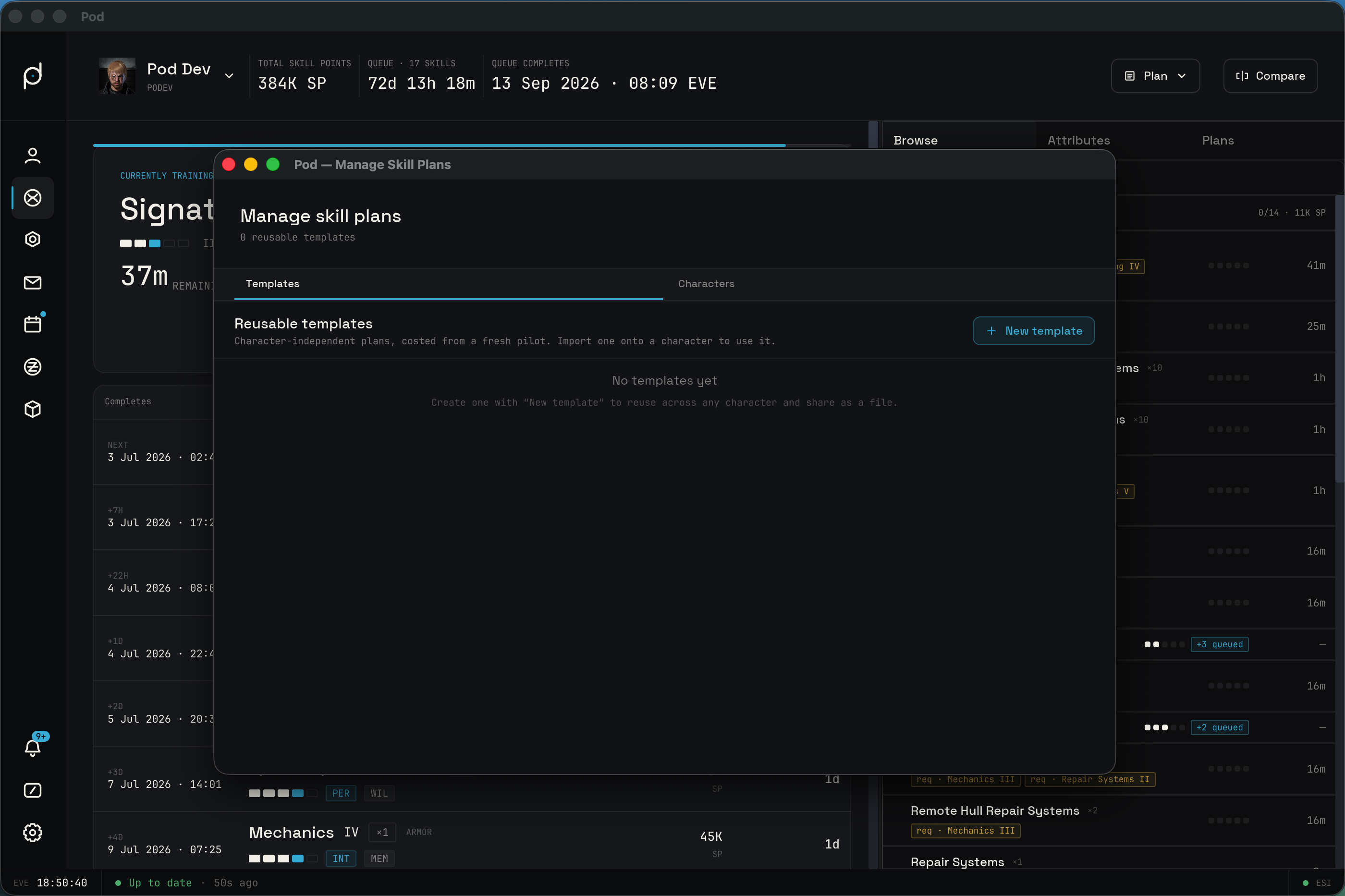 The Manage Skill Plans window on the Templates tab